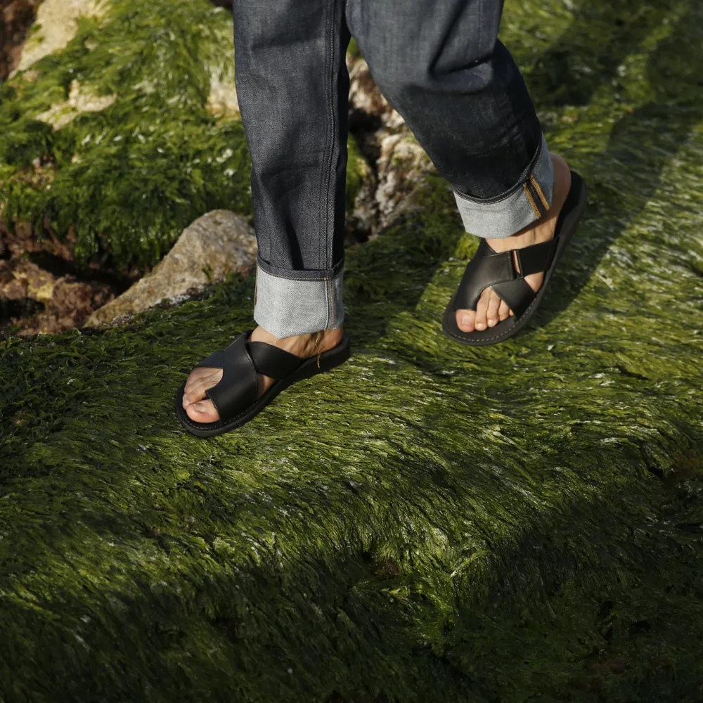 Asher - Leather Slide On Sandal | Black
