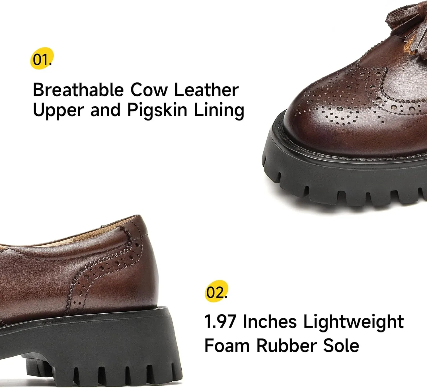 BEAU TODAY Chunky Loafers for Women, Womens Leather Platform Loafers, Lug Sole Tassel Slip On Loafers Shoes Brogues Wingtip Casual Business Shoes Comfortable Dressy