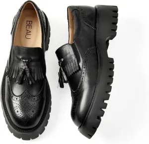 BEAU TODAY Chunky Loafers for Women, Womens Leather Platform Loafers, Lug Sole Tassel Slip On Loafers Shoes Brogues Wingtip Casual Business Shoes Comfortable Dressy