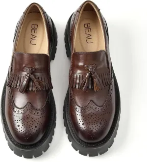 BEAU TODAY Chunky Loafers for Women, Womens Leather Platform Loafers, Lug Sole Tassel Slip On Loafers Shoes Brogues Wingtip Casual Business Shoes Comfortable Dressy