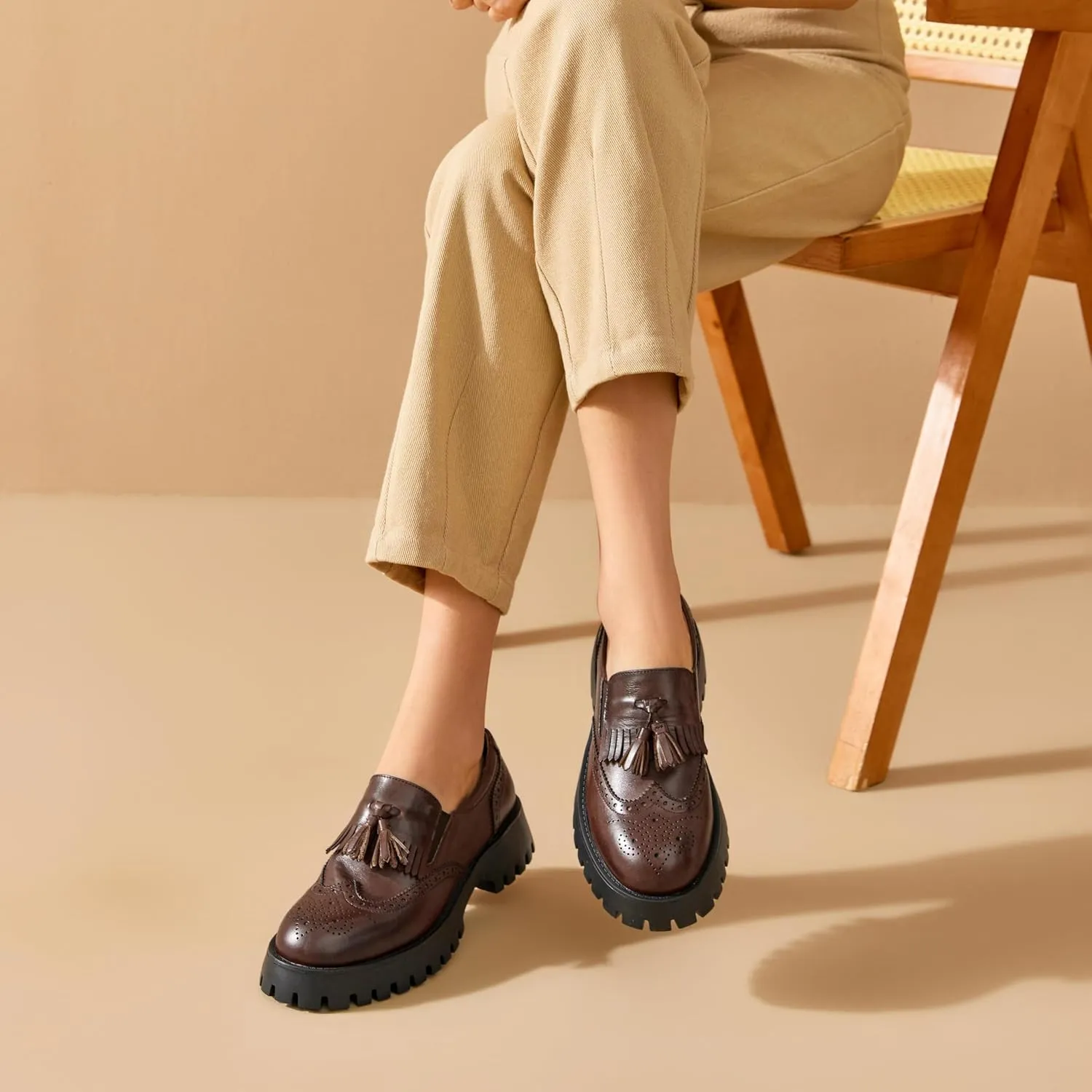 BEAU TODAY Chunky Loafers for Women, Womens Leather Platform Loafers, Lug Sole Tassel Slip On Loafers Shoes Brogues Wingtip Casual Business Shoes Comfortable Dressy
