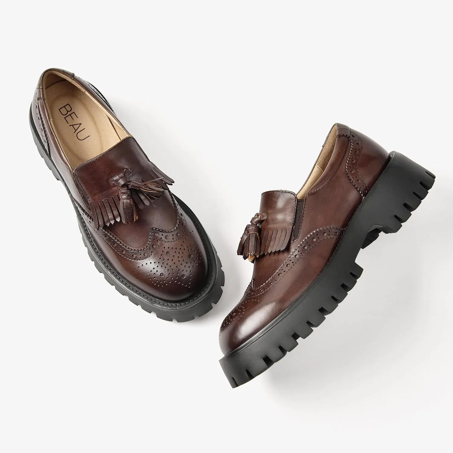 BEAU TODAY Chunky Loafers for Women, Womens Leather Platform Loafers, Lug Sole Tassel Slip On Loafers Shoes Brogues Wingtip Casual Business Shoes Comfortable Dressy