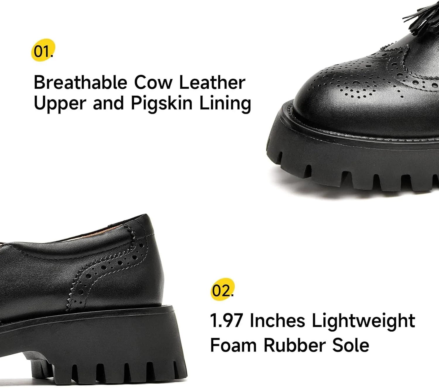 BEAU TODAY Chunky Loafers for Women, Womens Leather Platform Loafers, Lug Sole Tassel Slip On Loafers Shoes Brogues Wingtip Casual Business Shoes Comfortable Dressy