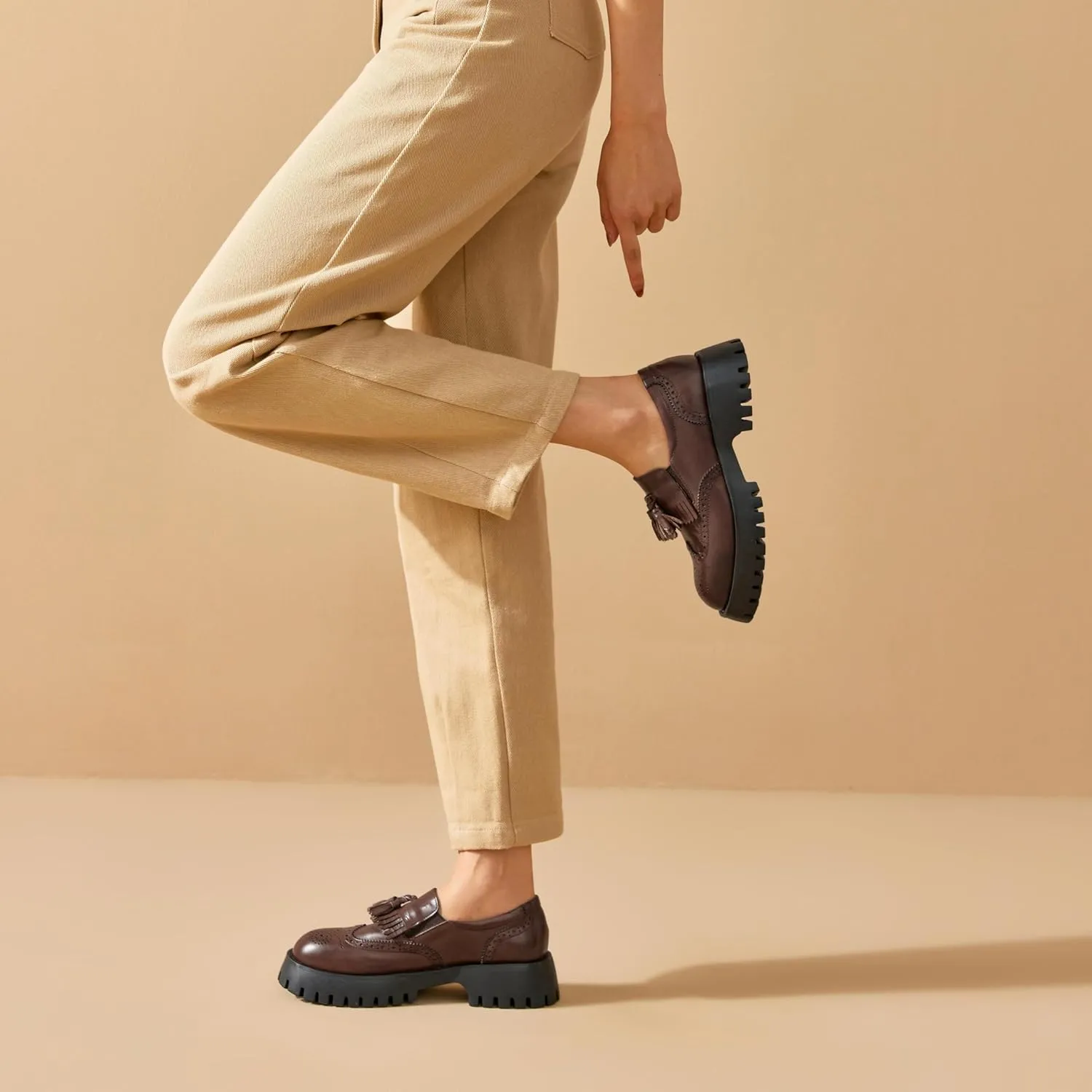 BEAU TODAY Chunky Loafers for Women, Womens Leather Platform Loafers, Lug Sole Tassel Slip On Loafers Shoes Brogues Wingtip Casual Business Shoes Comfortable Dressy