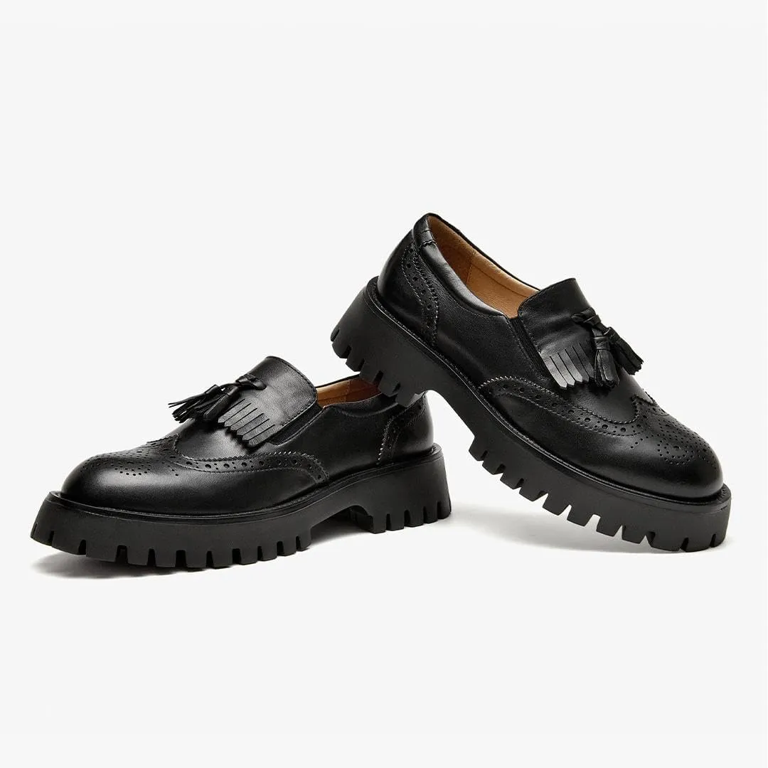 BEAU TODAY Chunky Loafers for Women, Womens Leather Platform Loafers, Lug Sole Tassel Slip On Loafers Shoes Brogues Wingtip Casual Business Shoes Comfortable Dressy