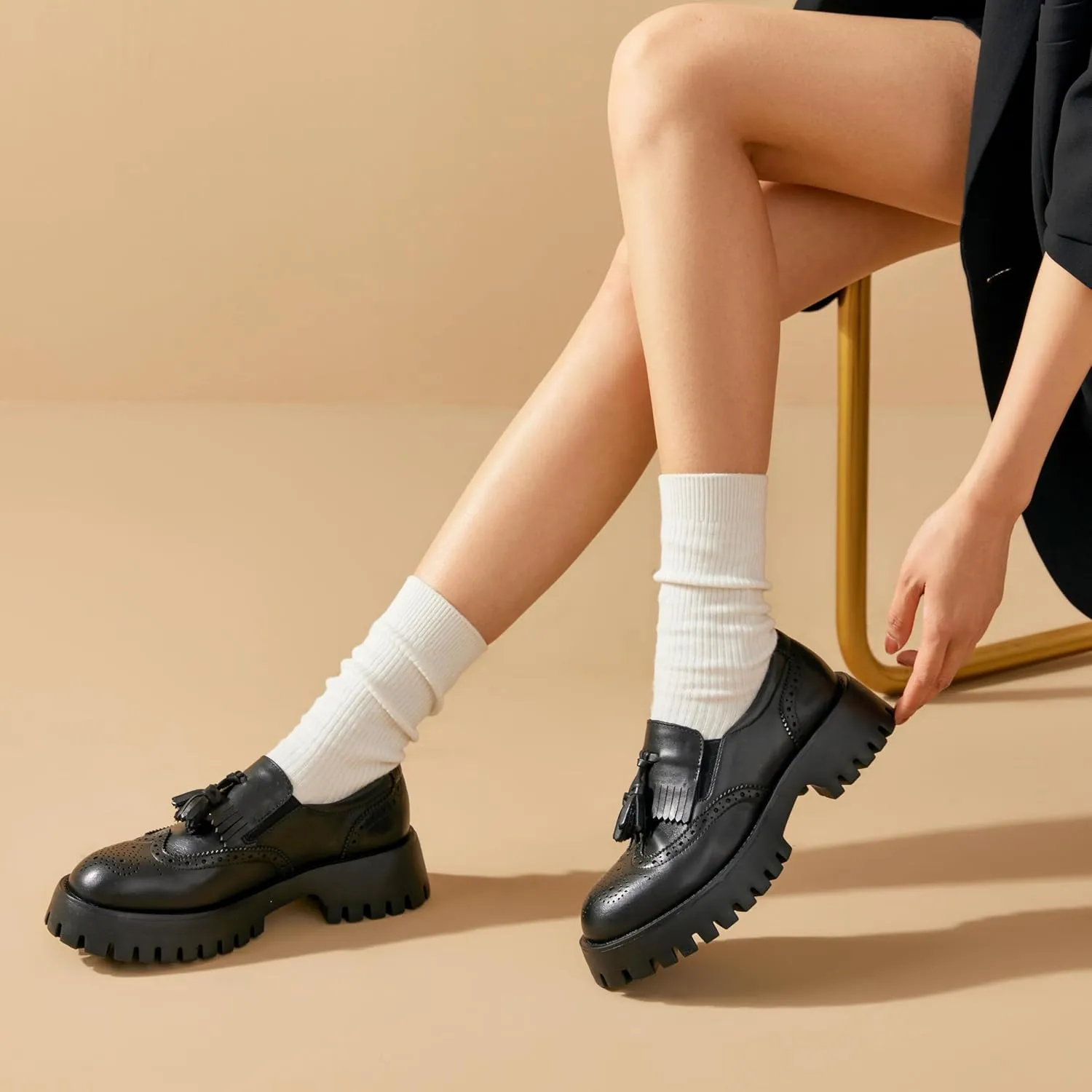BEAU TODAY Chunky Loafers for Women, Womens Leather Platform Loafers, Lug Sole Tassel Slip On Loafers Shoes Brogues Wingtip Casual Business Shoes Comfortable Dressy