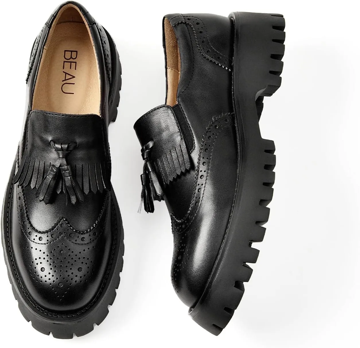 BEAU TODAY Chunky Loafers for Women, Womens Leather Platform Loafers, Lug Sole Tassel Slip On Loafers Shoes Brogues Wingtip Casual Business Shoes Comfortable Dressy