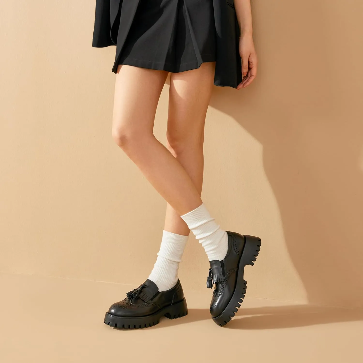 BEAU TODAY Chunky Loafers for Women, Womens Leather Platform Loafers, Lug Sole Tassel Slip On Loafers Shoes Brogues Wingtip Casual Business Shoes Comfortable Dressy