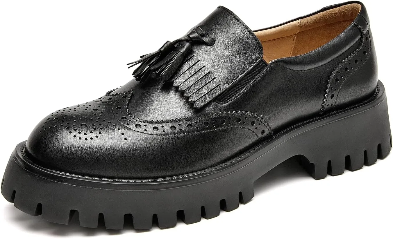 BEAU TODAY Chunky Loafers for Women, Womens Leather Platform Loafers, Lug Sole Tassel Slip On Loafers Shoes Brogues Wingtip Casual Business Shoes Comfortable Dressy