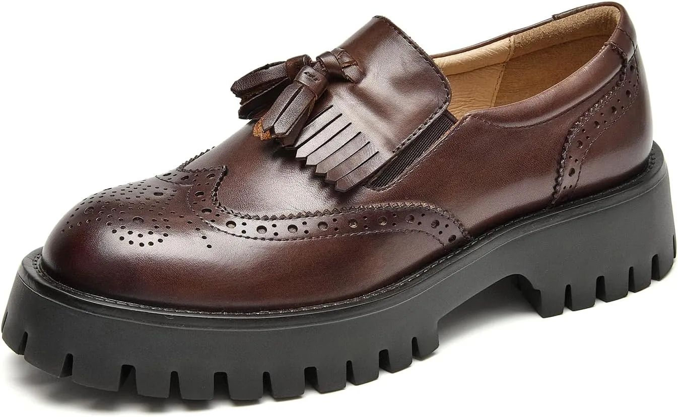 BEAU TODAY Chunky Loafers for Women, Womens Leather Platform Loafers, Lug Sole Tassel Slip On Loafers Shoes Brogues Wingtip Casual Business Shoes Comfortable Dressy