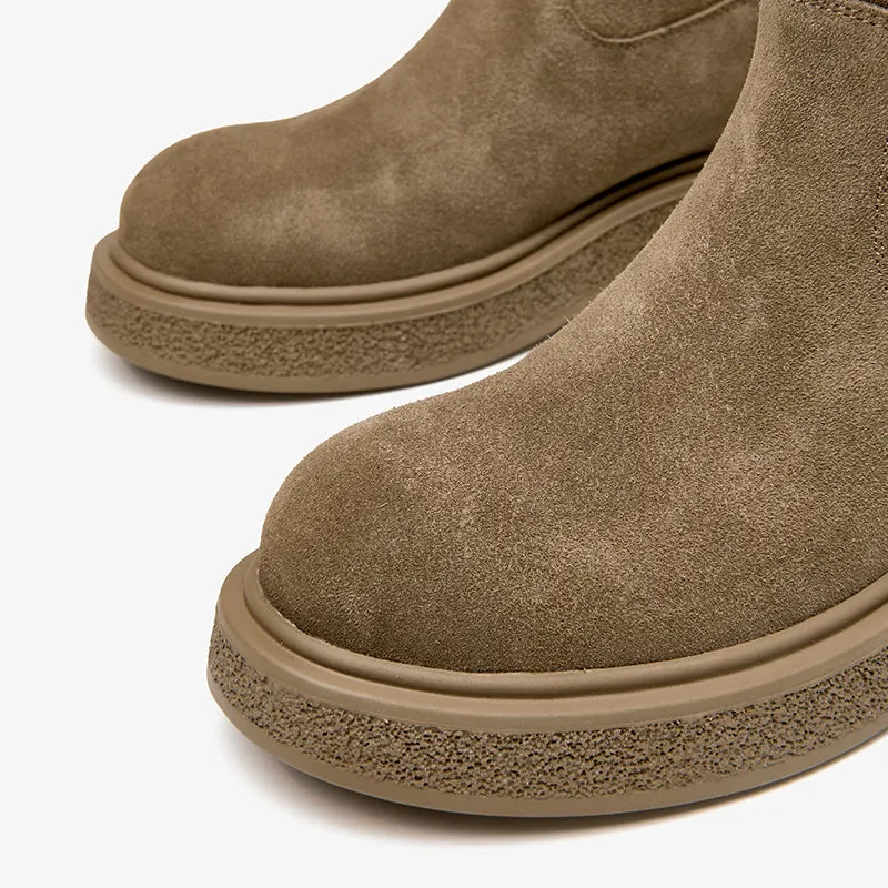 BeauToday Womens Cow Suede Round Toe Retro Style Slip-on Platform Ankle Boots