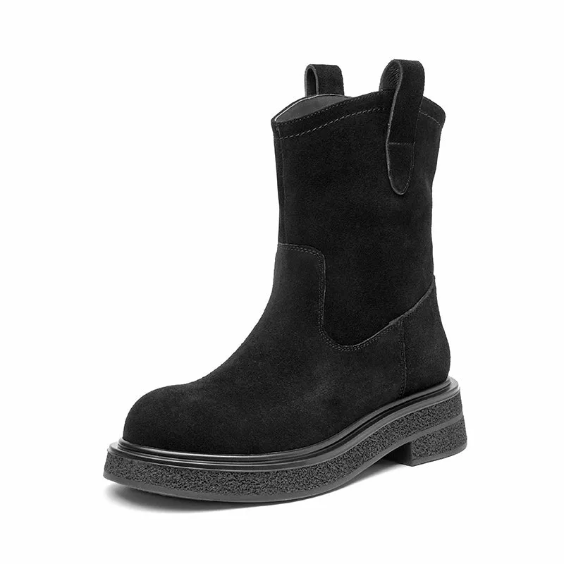 BeauToday Womens Cow Suede Round Toe Retro Style Slip-on Platform Ankle Boots