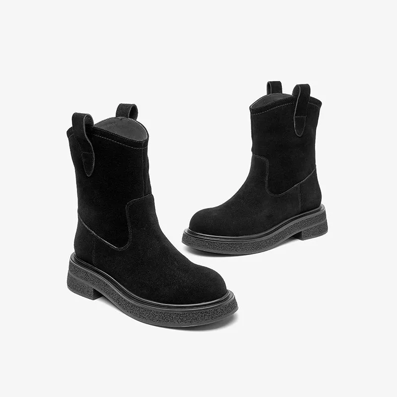 BeauToday Womens Cow Suede Round Toe Retro Style Slip-on Platform Ankle Boots