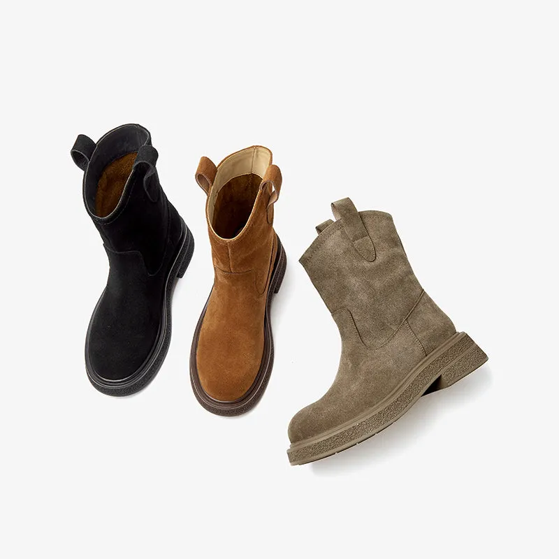 BeauToday Womens Cow Suede Round Toe Retro Style Slip-on Platform Ankle Boots