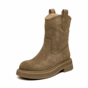 BeauToday Womens Cow Suede Round Toe Retro Style Slip-on Platform Ankle Boots