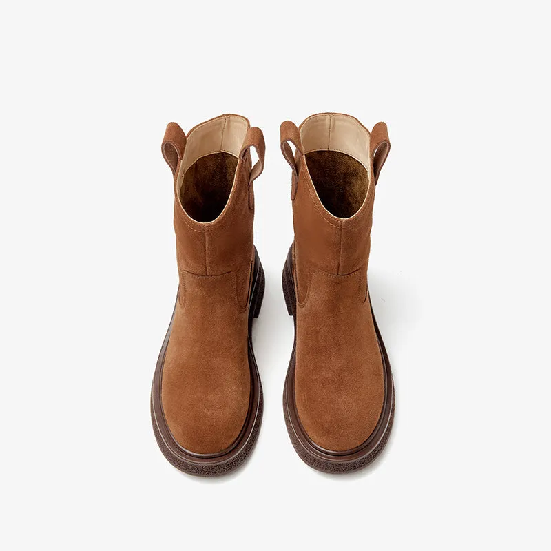BeauToday Womens Cow Suede Round Toe Retro Style Slip-on Platform Ankle Boots