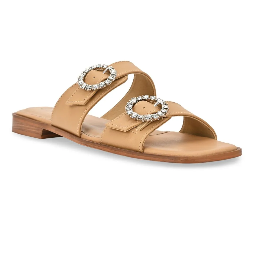 Beige Buckled Strapped flat