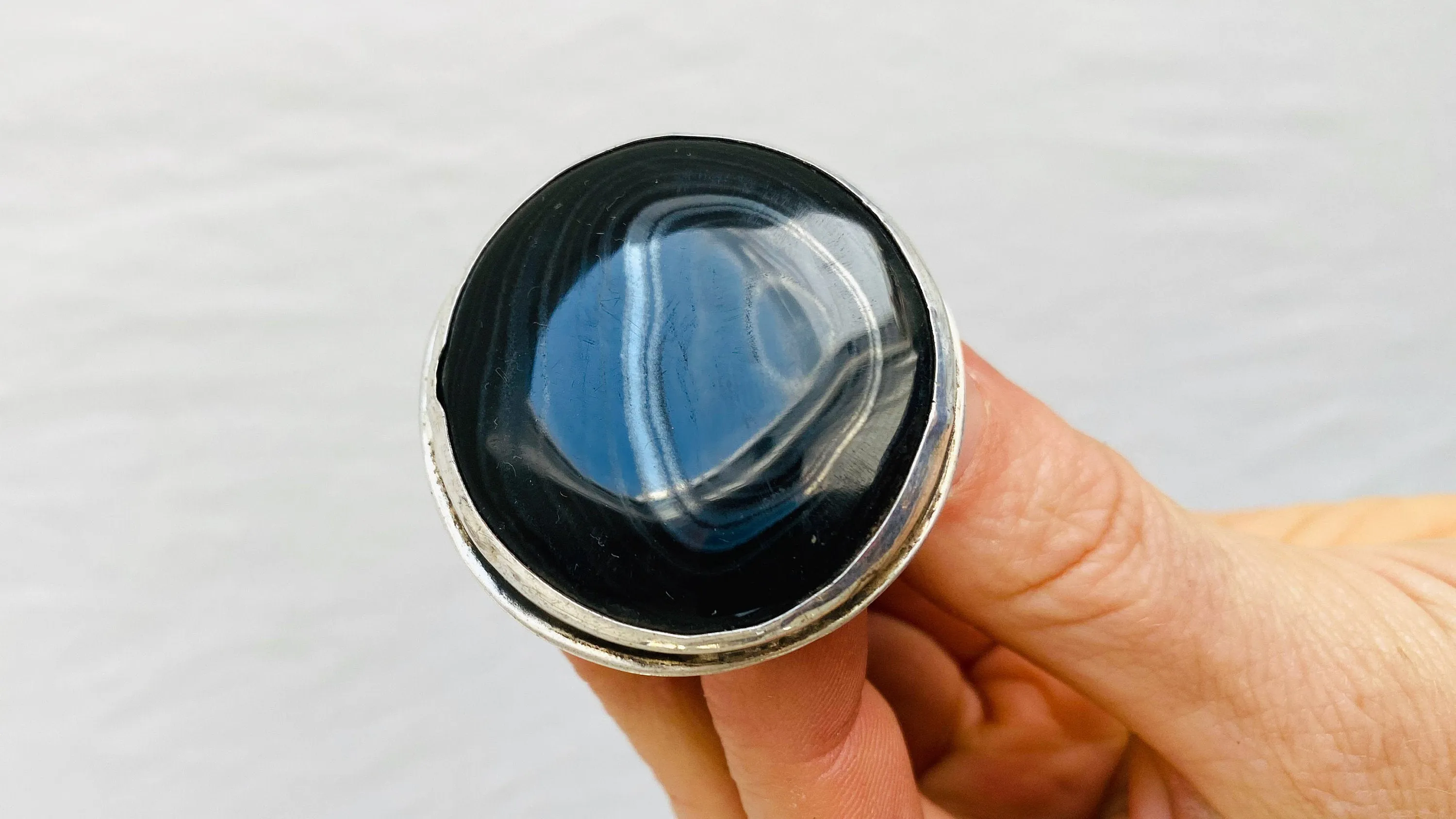 Black Banded Agate Oversized Ring. Size 4