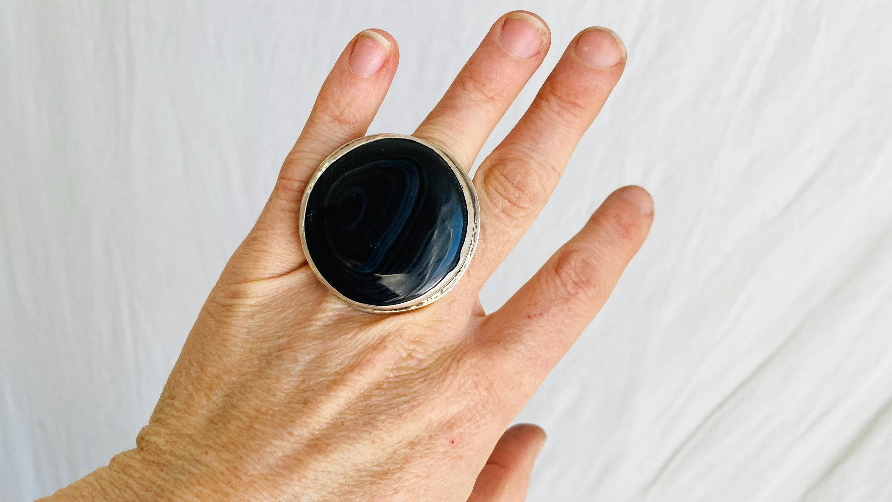 Black Banded Agate Oversized Ring. Size 4