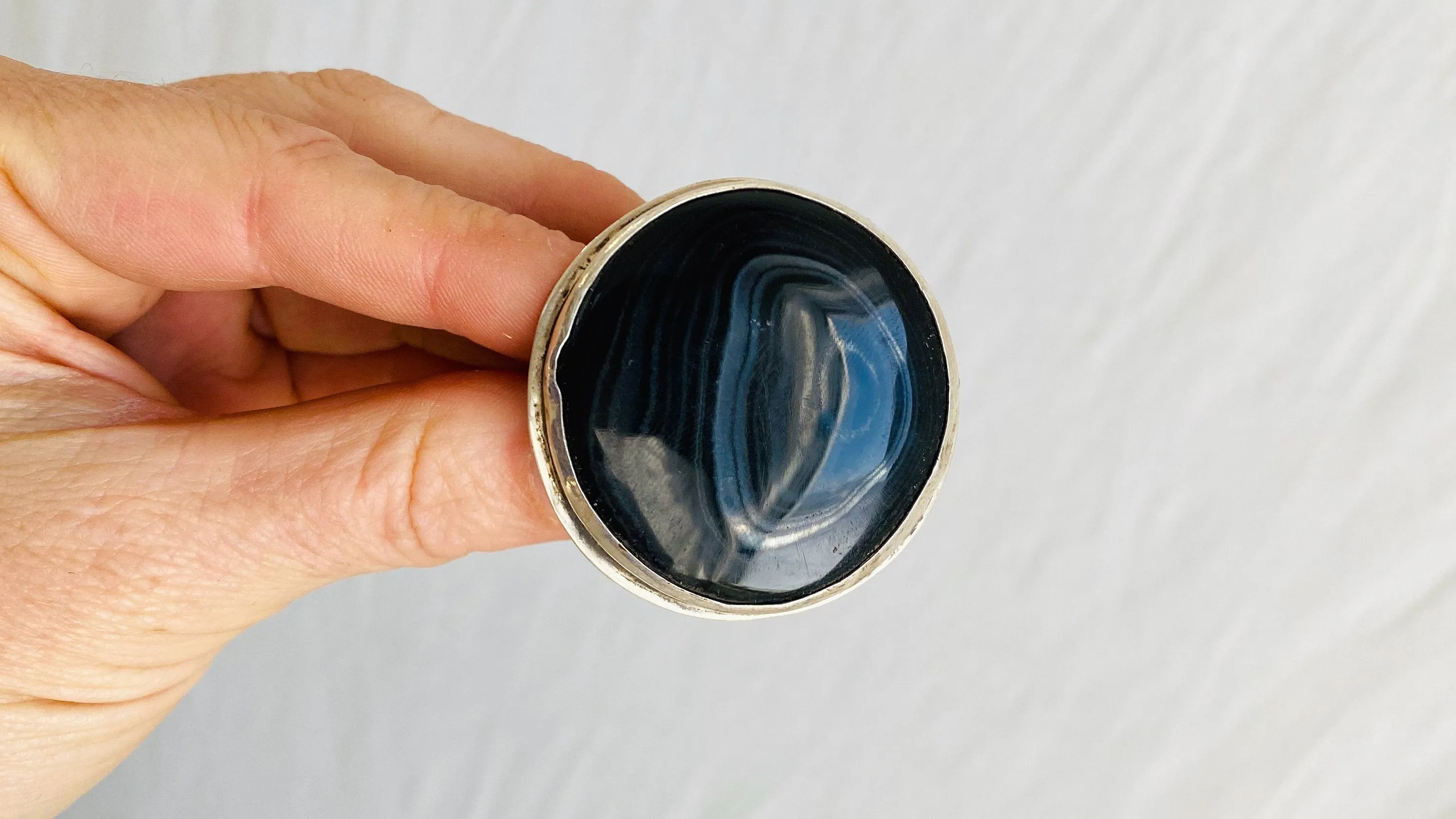Black Banded Agate Oversized Ring. Size 4