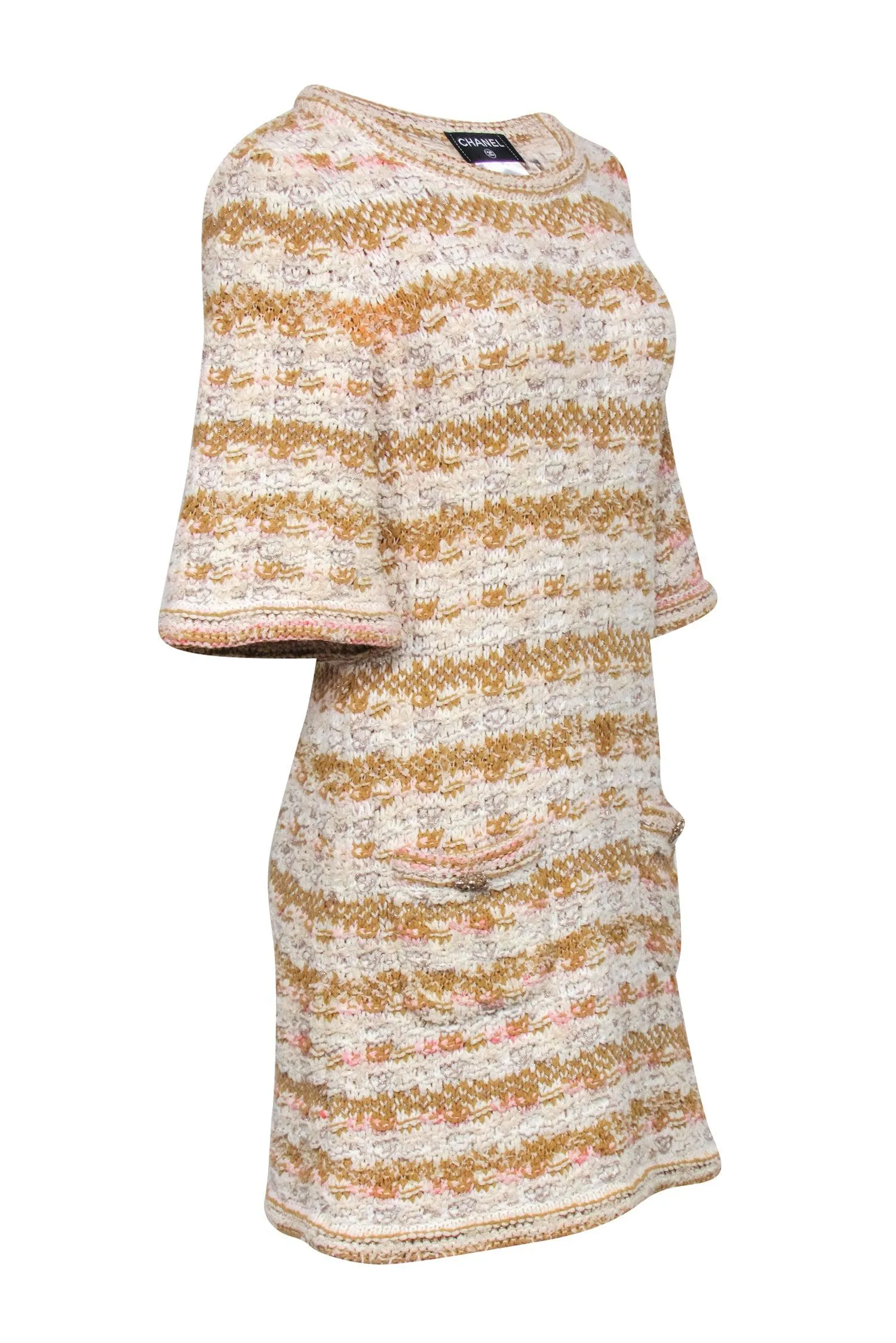 Chanel - Ivory, Tan, & Pink Tweed Knit Dress Sz 4