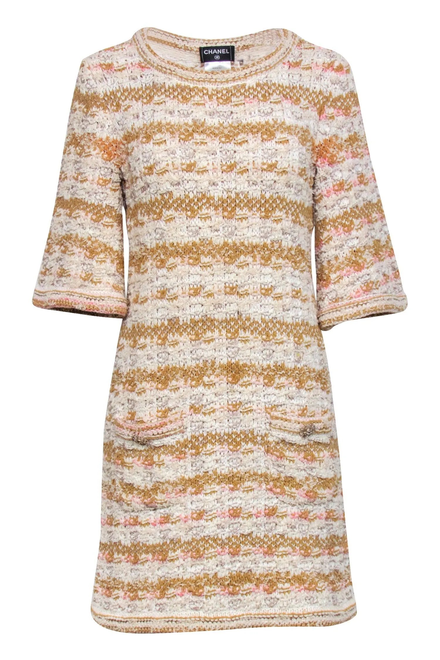 Chanel - Ivory, Tan, & Pink Tweed Knit Dress Sz 4