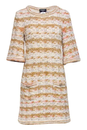 Chanel - Ivory, Tan, & Pink Tweed Knit Dress Sz 4