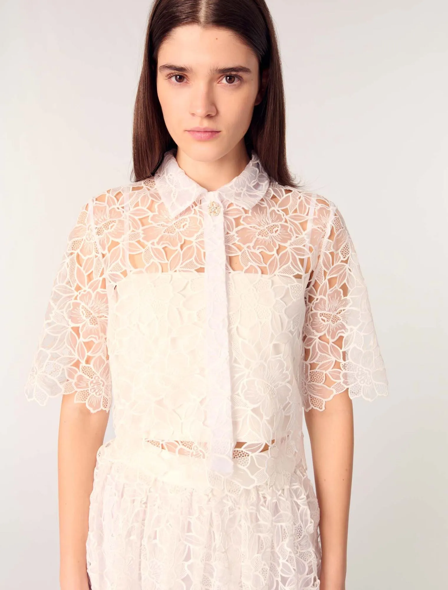 Cropped floral guipure shirt
