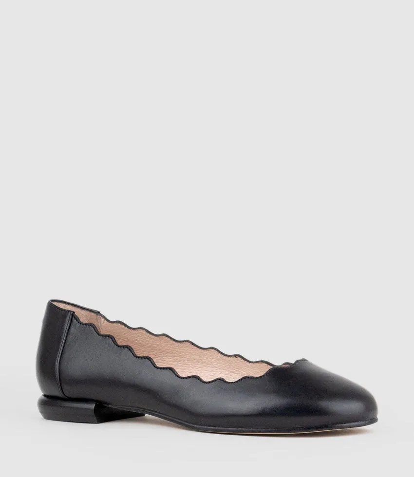 FARA Scalloped Ballet Flat in Black Calf