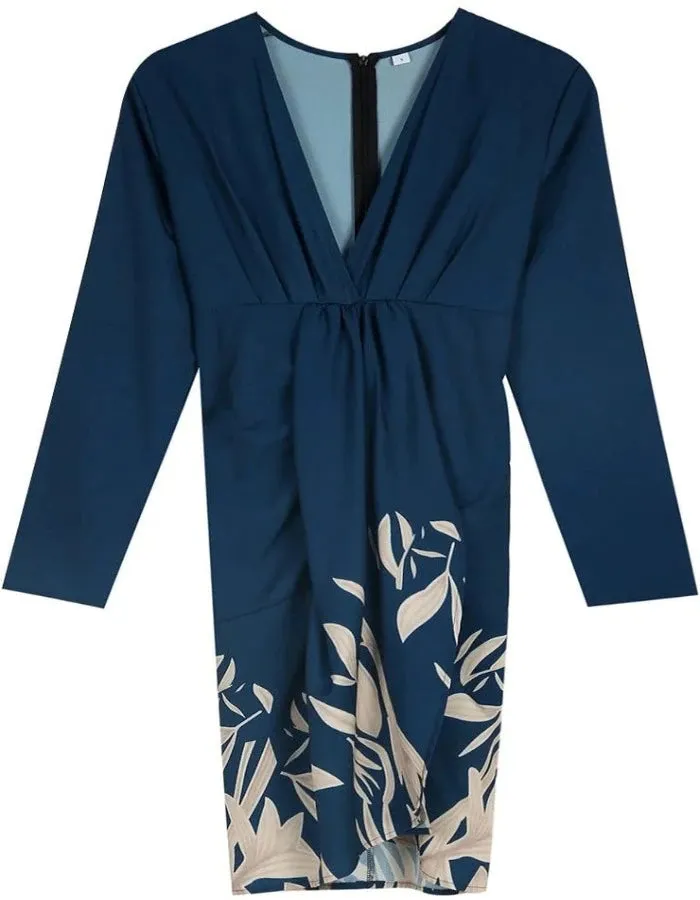 Floral Blue V-Neckline Ruched Front Slit Mini Dress