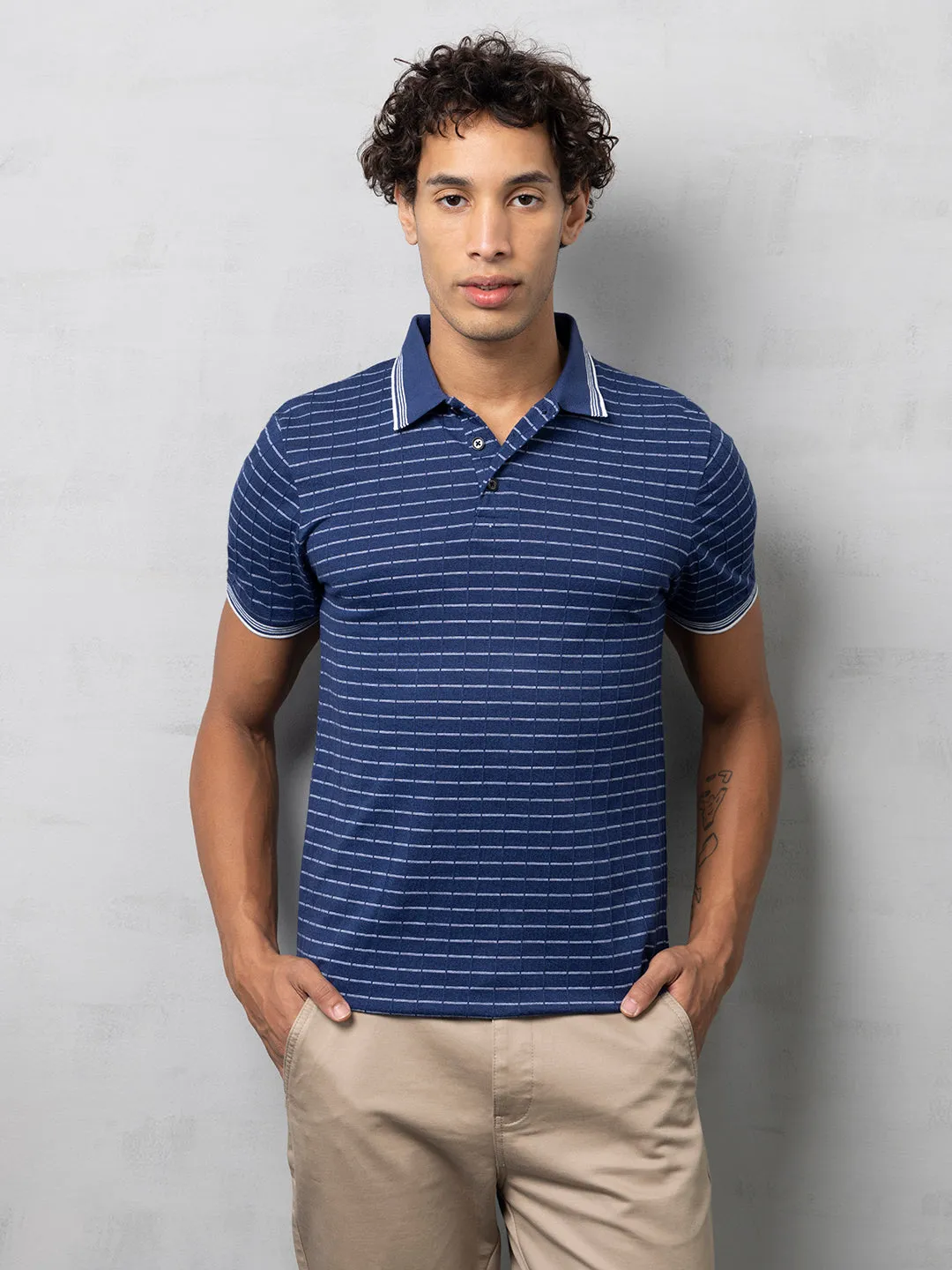 Navy Textured Striped Polo T-Shirt