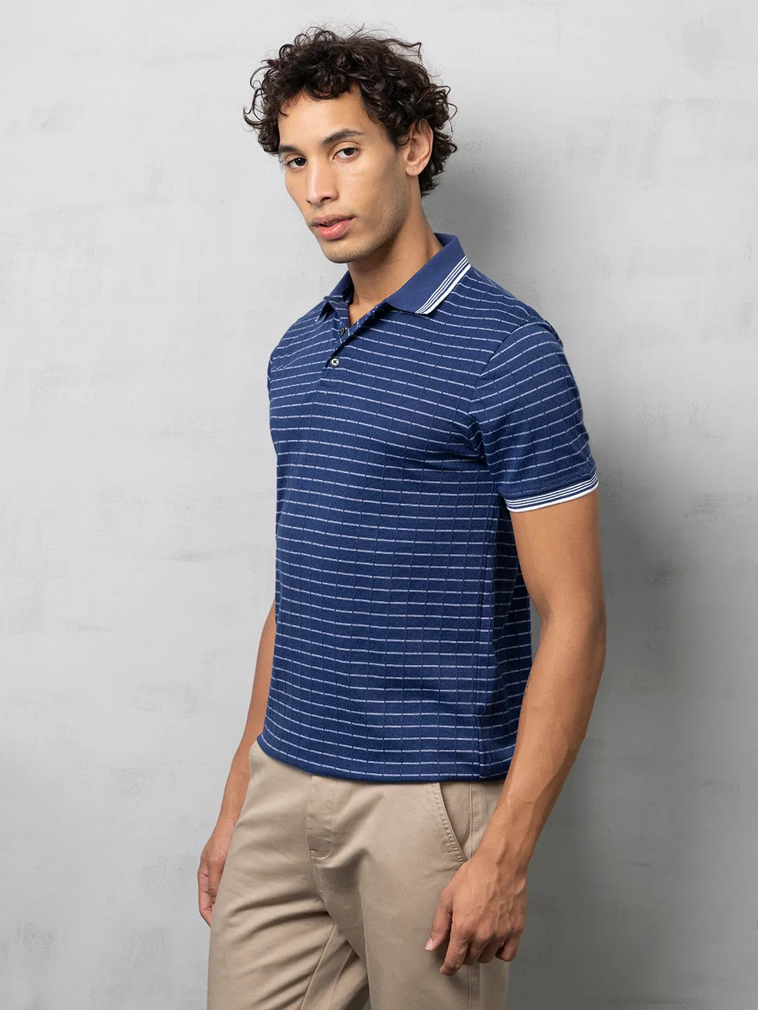Navy Textured Striped Polo T-Shirt