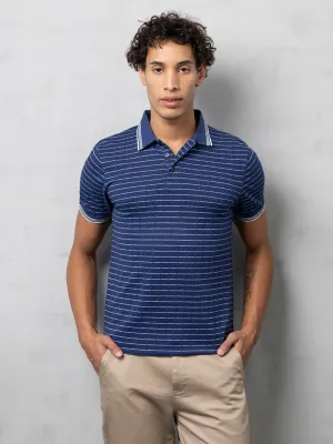 Navy Textured Striped Polo T-Shirt