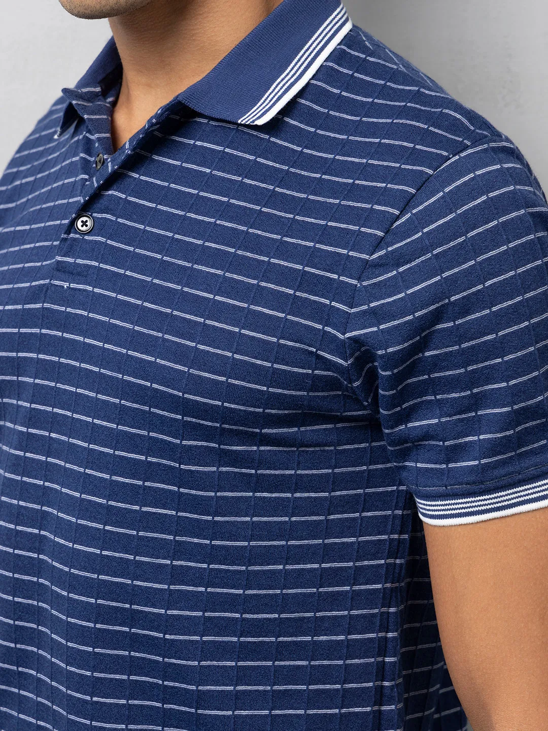 Navy Textured Striped Polo T-Shirt