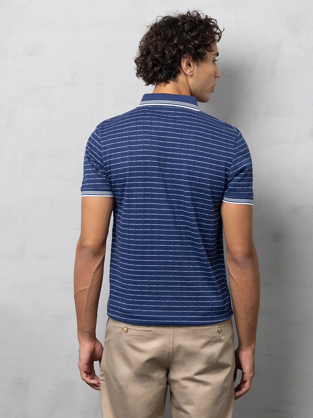 Navy Textured Striped Polo T-Shirt