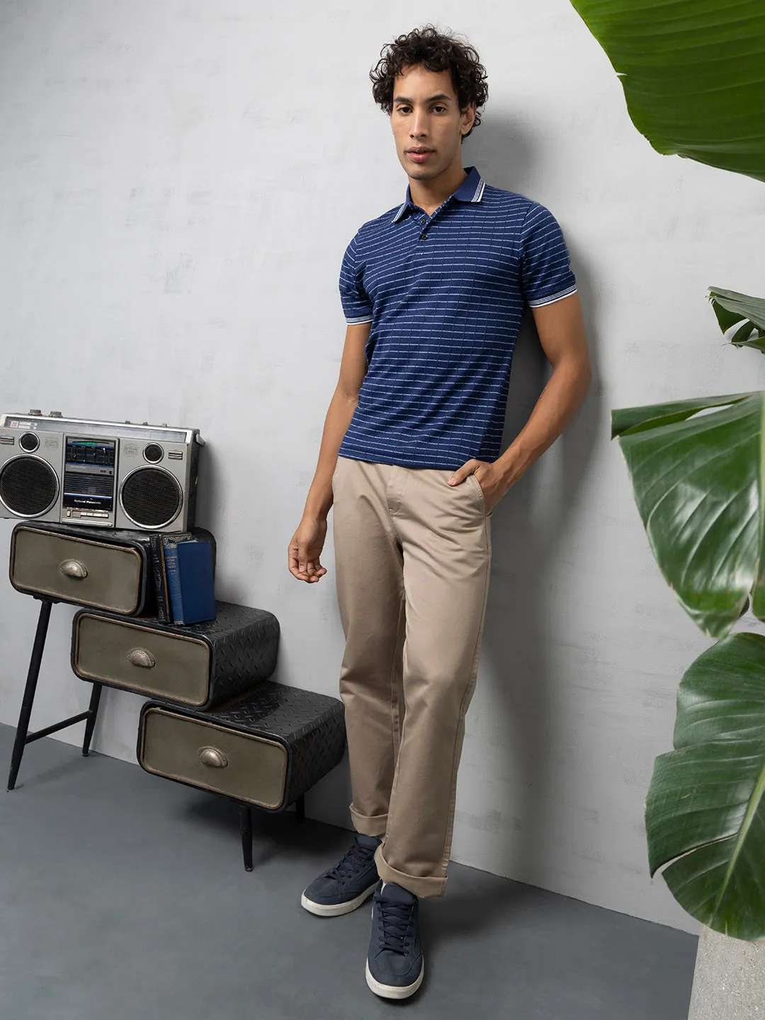 Navy Textured Striped Polo T-Shirt