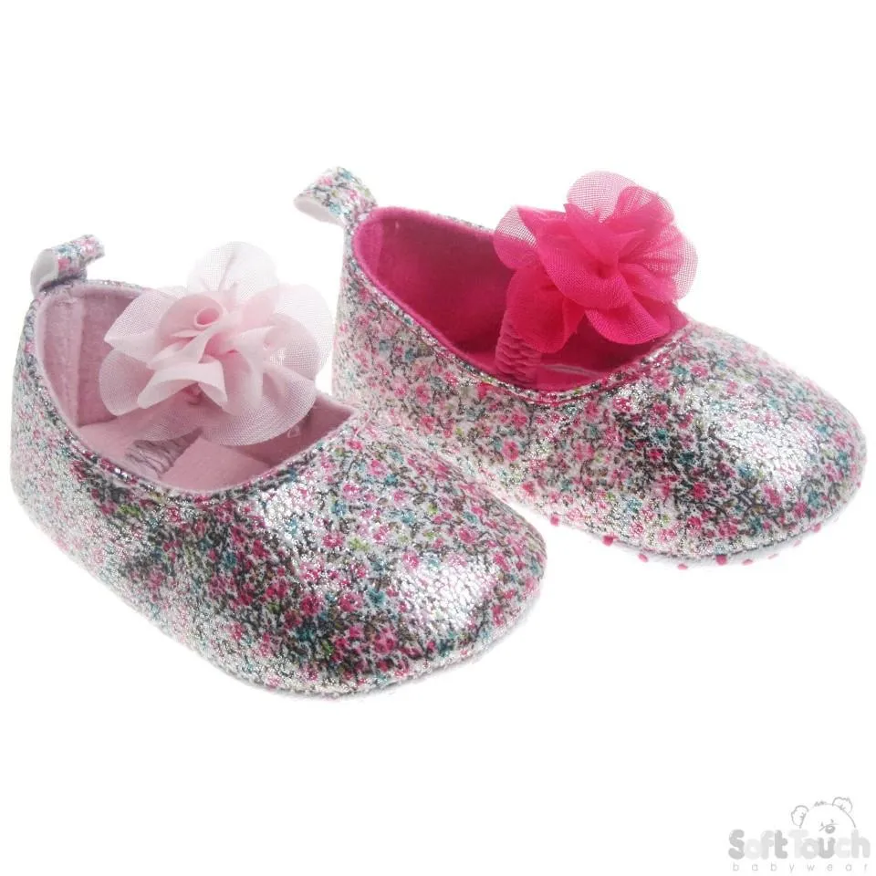 Pink PU Floral Shoes W/ Chiffon Flower B2154