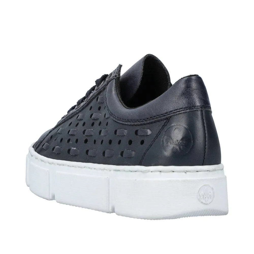 Rieker N5918-14 Ladies Navy Blue Leather & Textile Lace Up Trainers