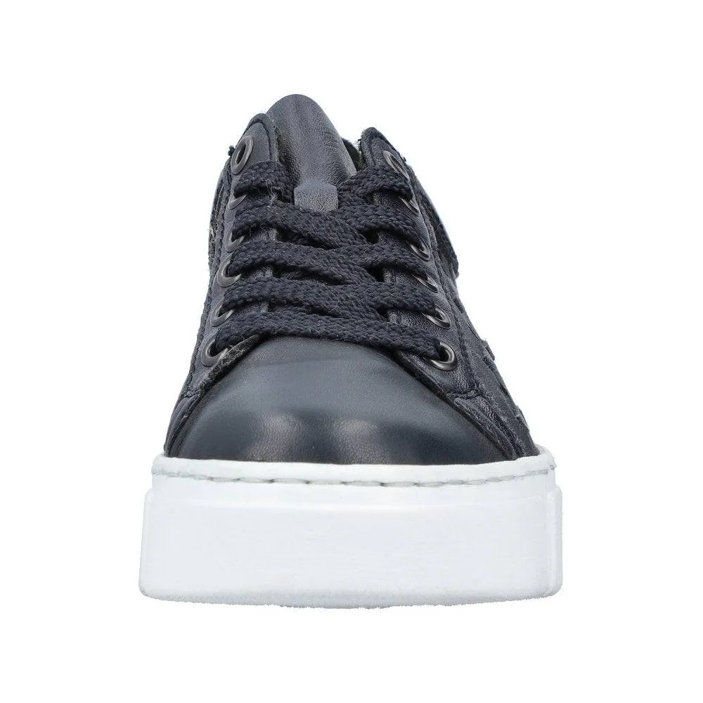 Rieker N5918-14 Ladies Navy Blue Leather & Textile Lace Up Trainers