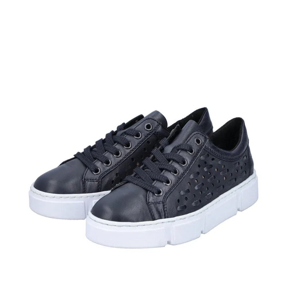 Rieker N5918-14 Ladies Navy Blue Leather & Textile Lace Up Trainers