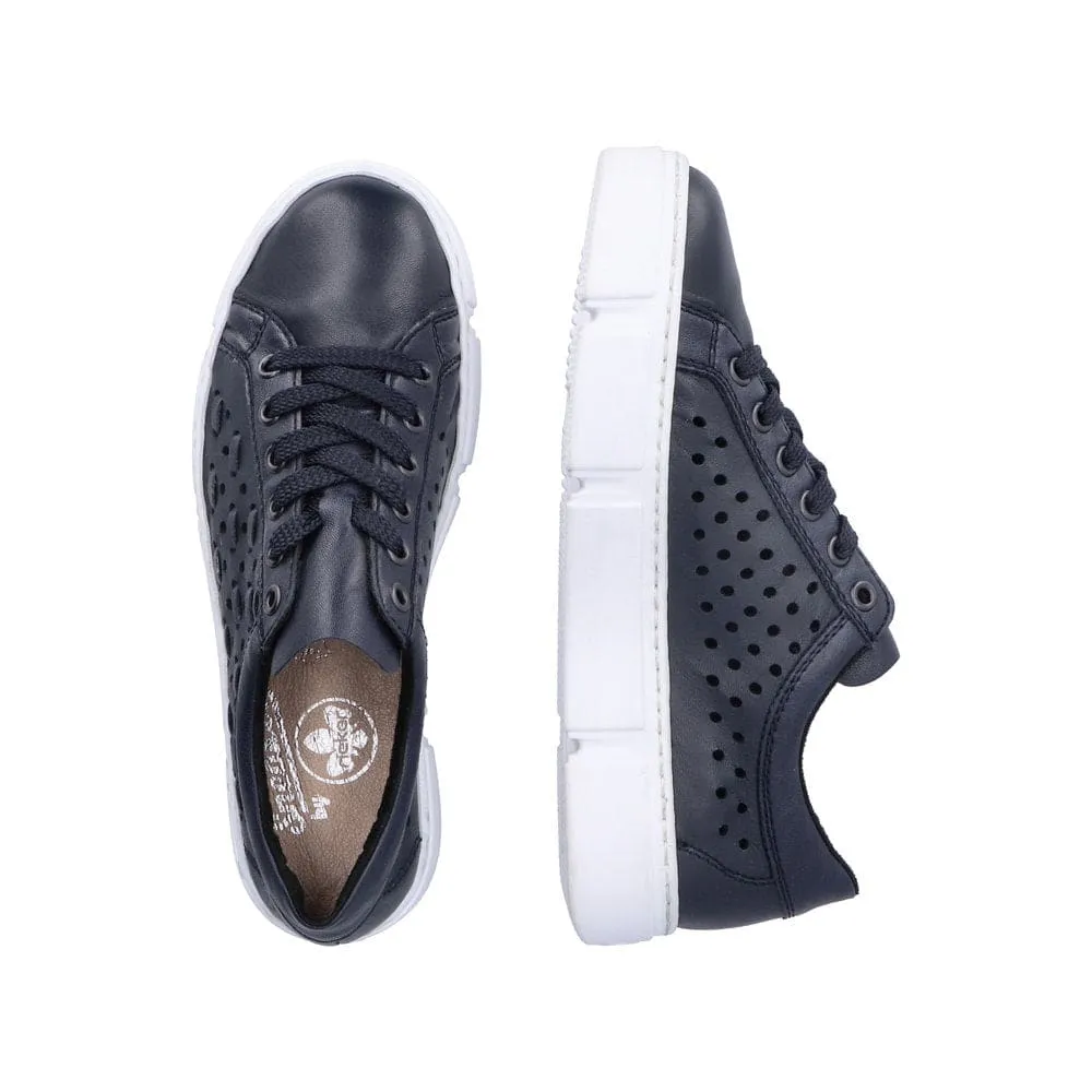 Rieker N5918-14 Ladies Navy Blue Leather & Textile Lace Up Trainers