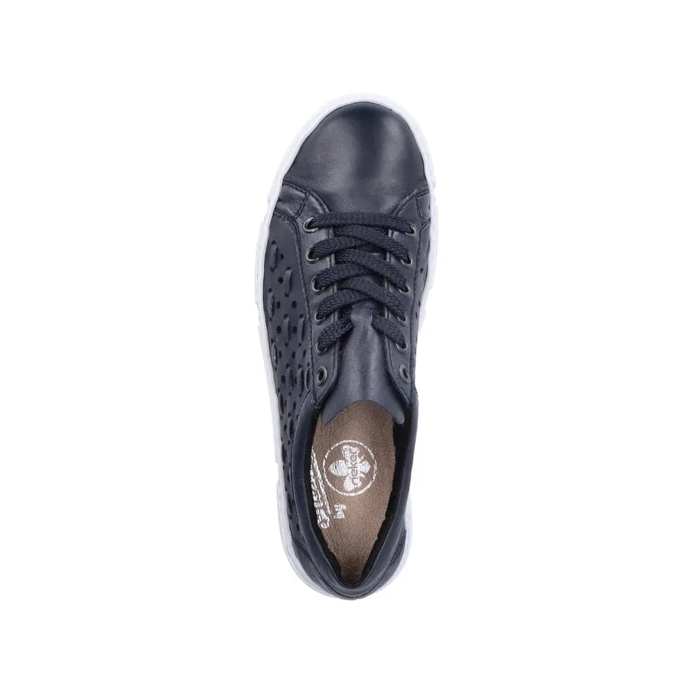 Rieker N5918-14 Ladies Navy Blue Leather & Textile Lace Up Trainers