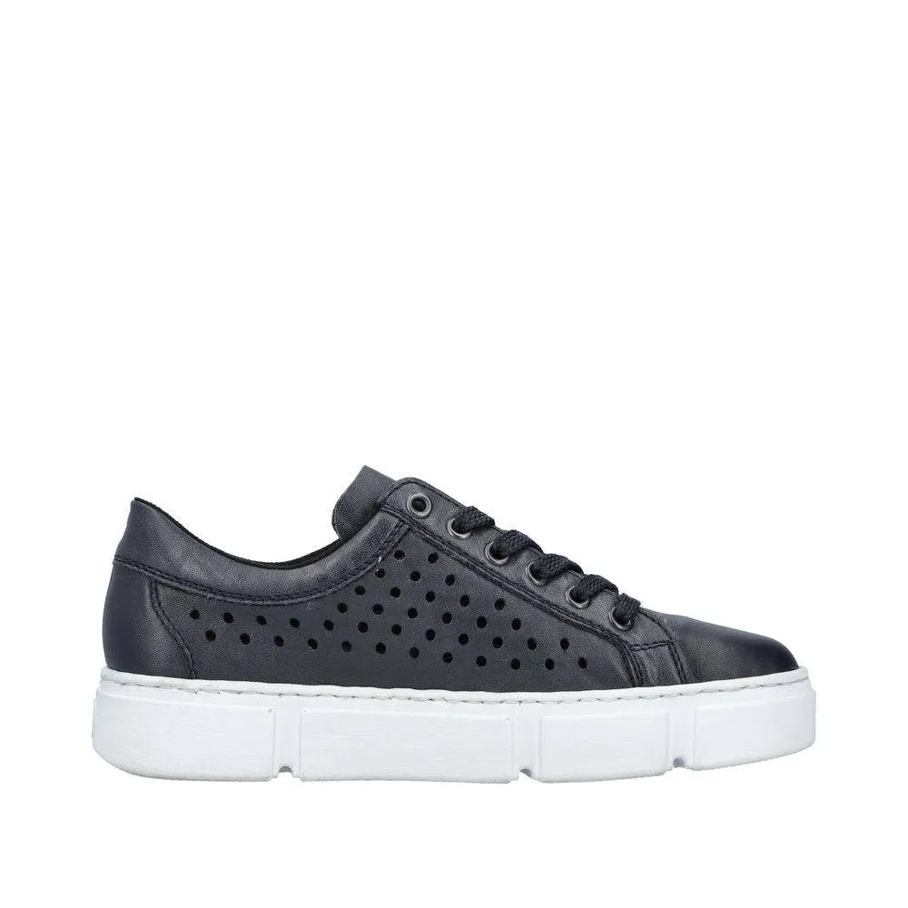 Rieker N5918-14 Ladies Navy Blue Leather & Textile Lace Up Trainers