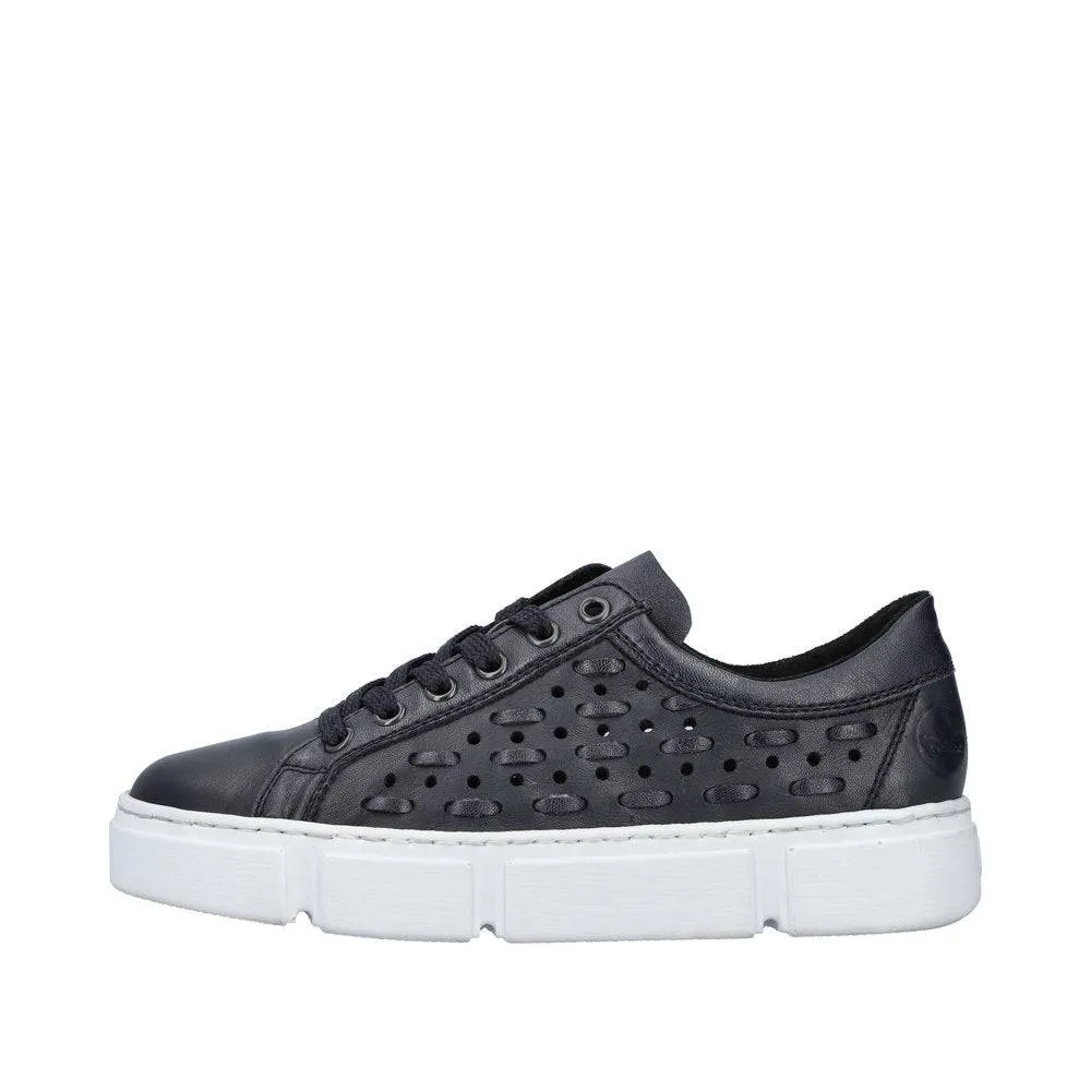 Rieker N5918-14 Ladies Navy Blue Leather & Textile Lace Up Trainers
