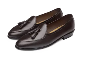 Sagan Classic Tassel Loafers in Dark Brown Drape Calf with Rubber Sole
