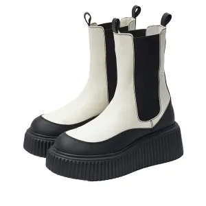 Sam Edelman Taber White/Black Chunky Lug Sole Rounded Toe Pull On Combat Boots