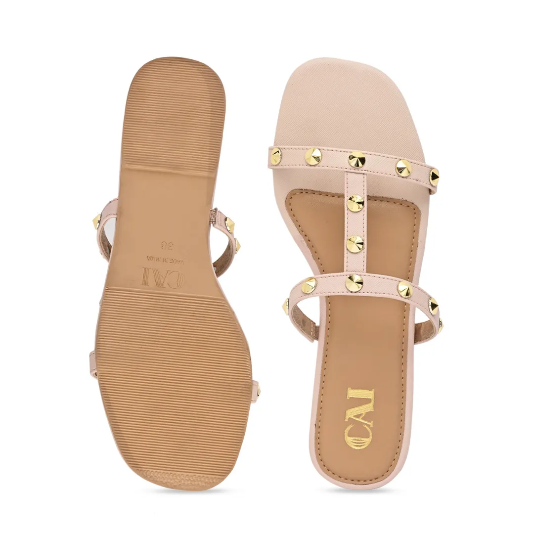 T-strap studded pink flats