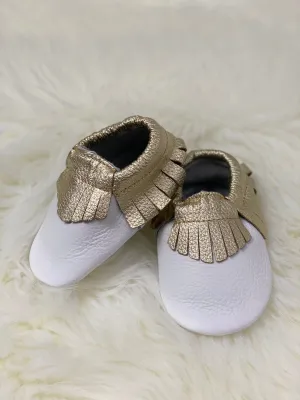 White and Gold Leather Moccasins