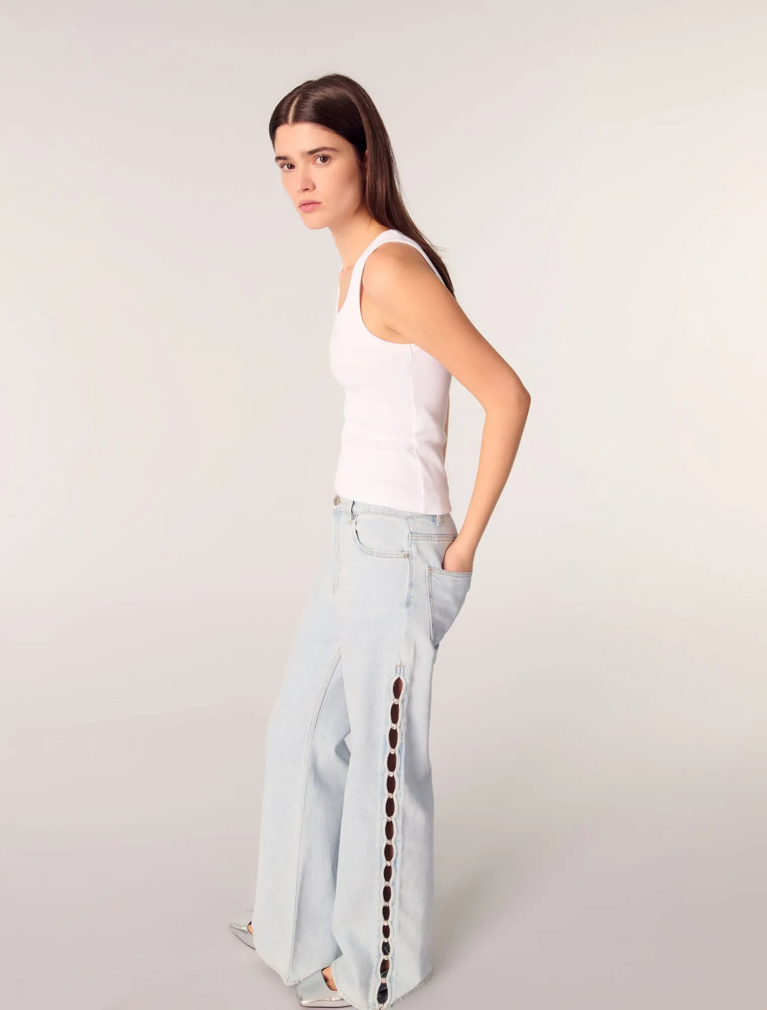 Wide-leg rhinestone cutaway jeans