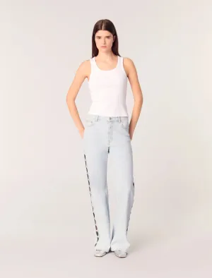 Wide-leg rhinestone cutaway jeans